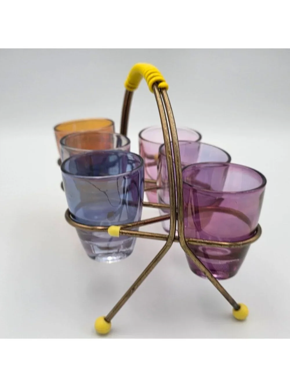 1950s Harlequin Shot Glass Set with Wire Holder Vintage MCM Barware
